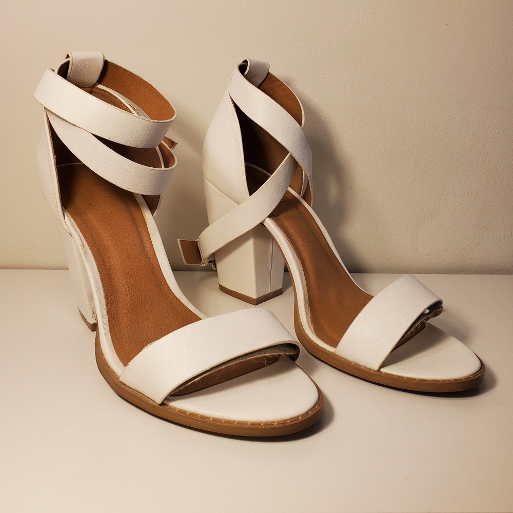 White chunky strappy sandal heels